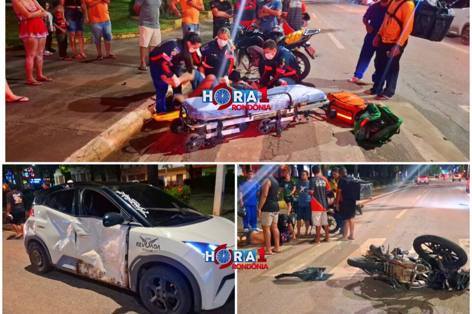 Motoboy fica gravemente ferido após colisão com carro de aplicativo em cruzamento de Porto Velho